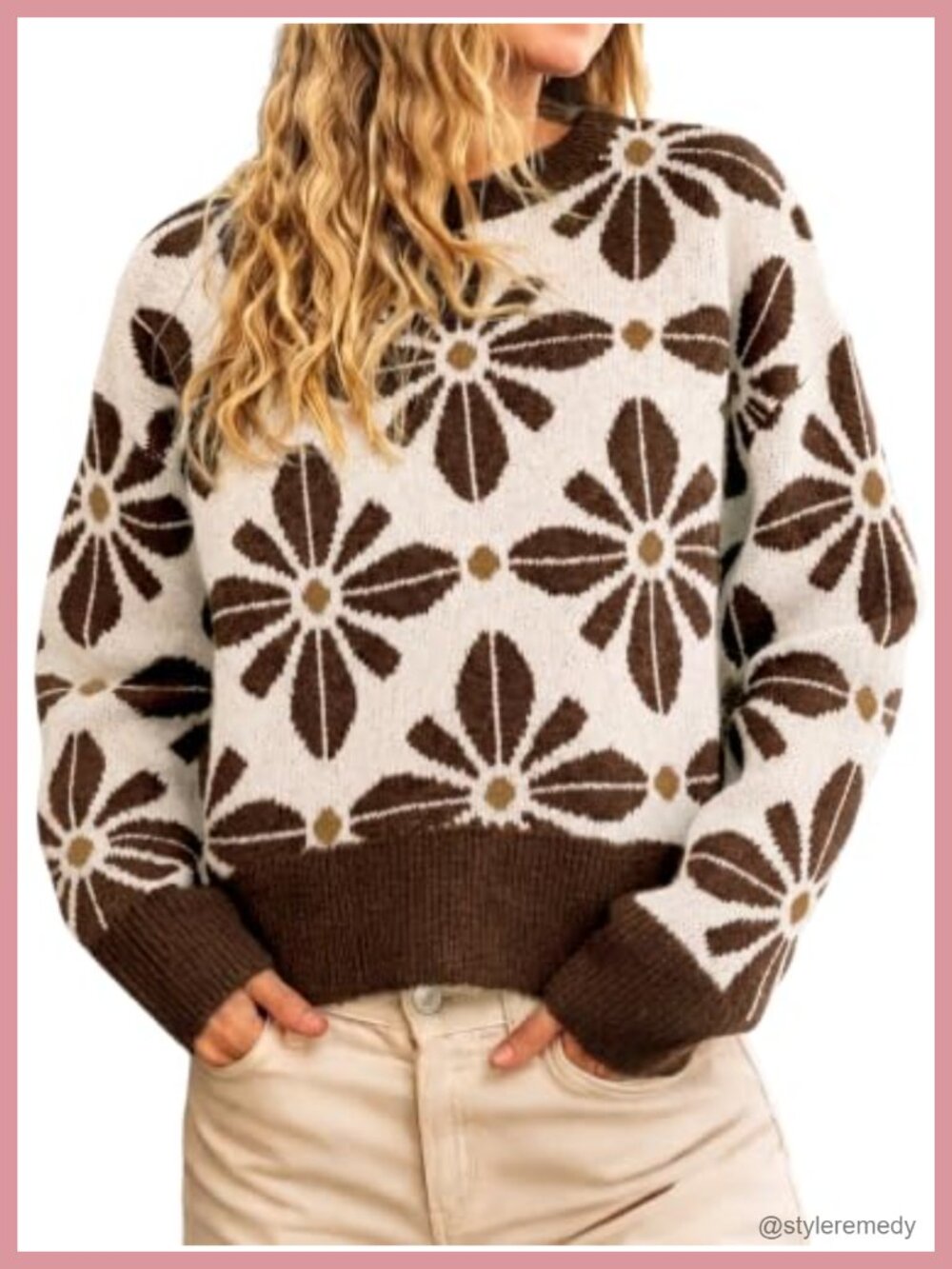 Women's Floral Crew Neck Long Sleeve Knit Pullover Sweater Loose Fit Waffle Knit